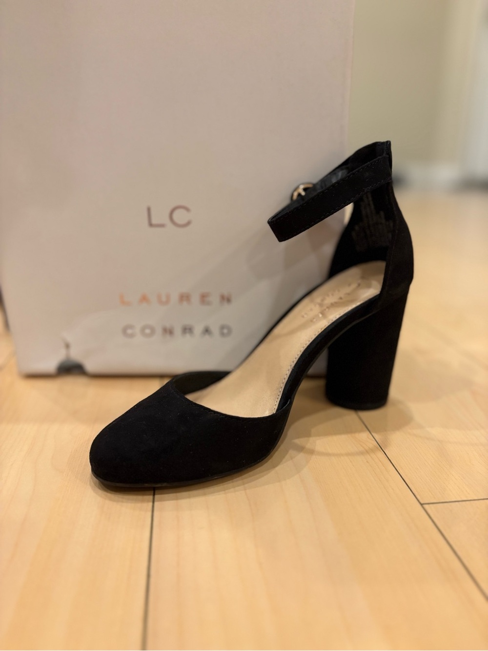LC Lauren Conrad Black Suede Ankle-Strap Block Heel Pump